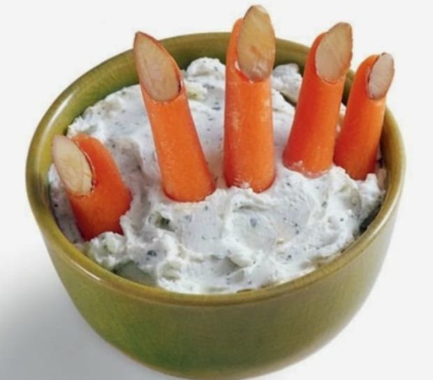 Carrot Fingers With Almond Nails In Dip.