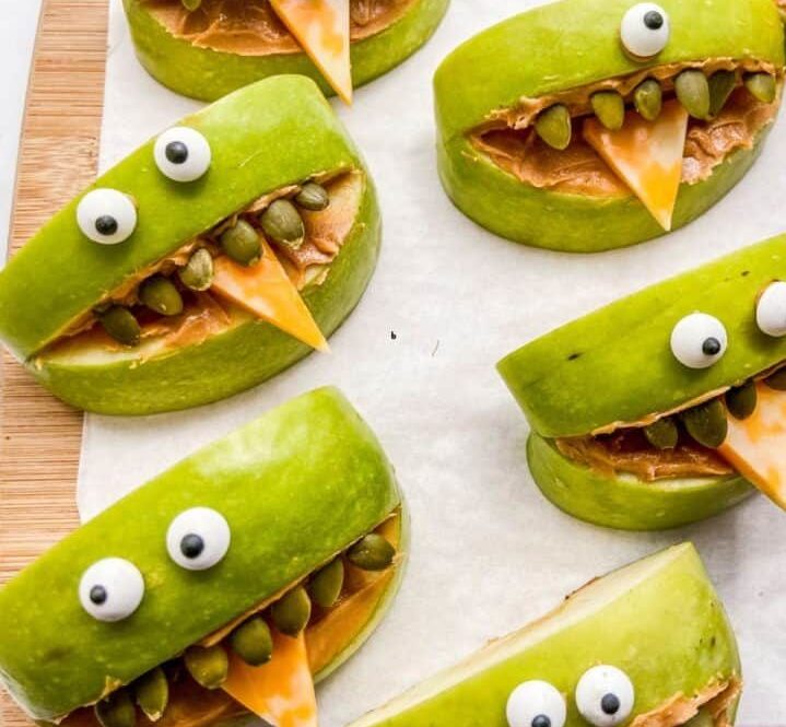 Apples, Peanut Butter, Cheese, Seeds, Candy Eyes.